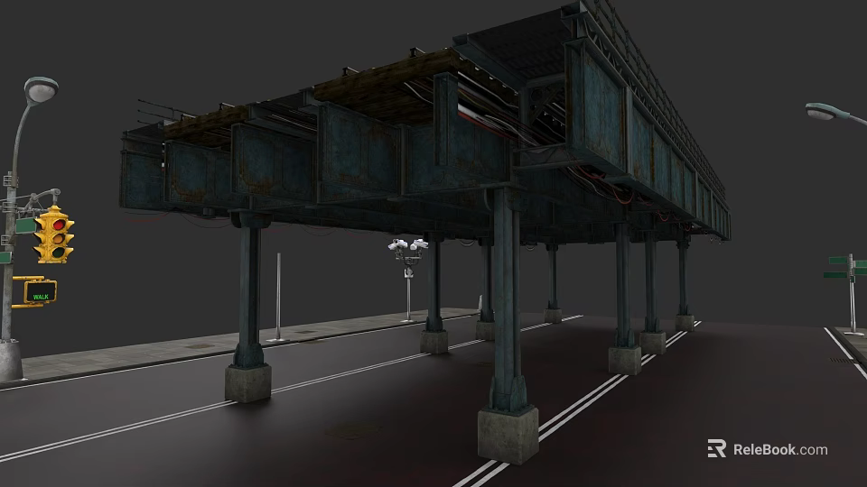 Subway Elevated Structure With Rusted Metal Beams And Concrete Pillars Over Road 3d model