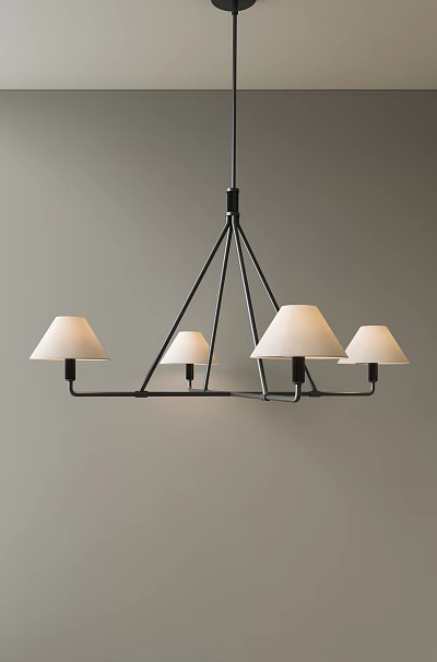 Modern Minimalist Chandelier With Four White Linen Shades And Black Metal Frame Design 3d model