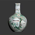 Decorative Green And White Vase With Red Floral Patterns Slender Neck And Spherical Body