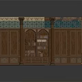 Wooden Bookshelf With Arched Design And Green Patterned Decorative Top Holding Books