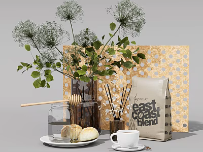 Decorative Ornament Set With Green Plants Vase Honey Jar Bread Coffee Cup And Decorative Board 3d model
