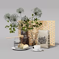 Decorative Ornament Set With Green Plants Vase Honey Jar Bread Coffee Cup And Decorative Board