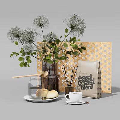 Decorative Ornament Set With Green Plants Vase Honey Jar Bread Coffee Cup And Decorative Board 3d model