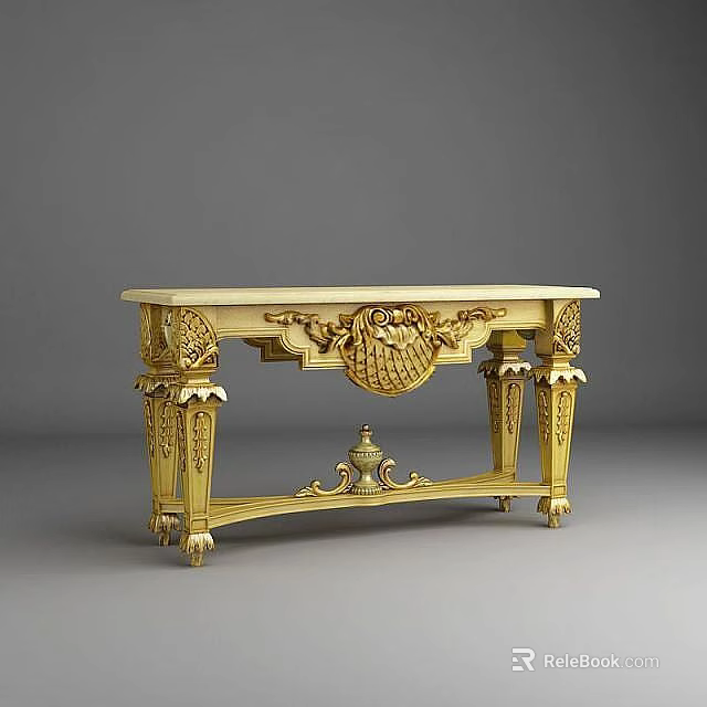 Tech Exhibition Hall Featuring Golden Decorative Table With Ornate Carvings And Intricate Designs 3d model 