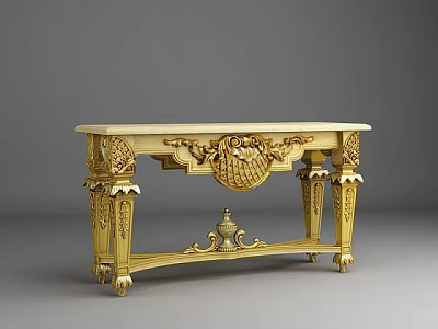 Tech Exhibition Hall Featuring Golden Decorative Table With Ornate Carvings And Intricate Designs 3d model