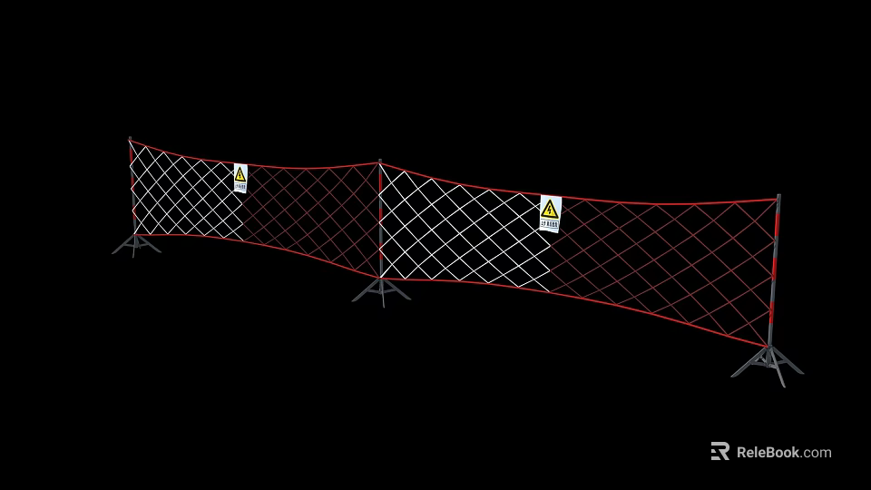 Temporary Safety Mesh Fence with Red Border and Warning Signs on Support Stands 3d model 