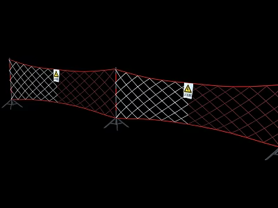 Temporary Safety Mesh Fence with Red Border and Warning Signs on Support Stands 3d model
