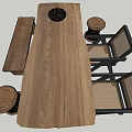 Rustic Wooden Dining Table Set with Black Framed Woven Chairs and Round Rectangular Cushions 3d model