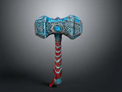 Ornate Fantasy Hammer With Blue Head Red And White Striped Handle And Intricate Patterns 3d model