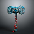 Ornate Fantasy Hammer With Blue Head Red And White Striped Handle And Intricate Patterns