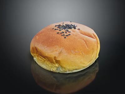 Golden Brown Bun Topped With Black Sesame Seeds On Black Background With Reflection 3d model