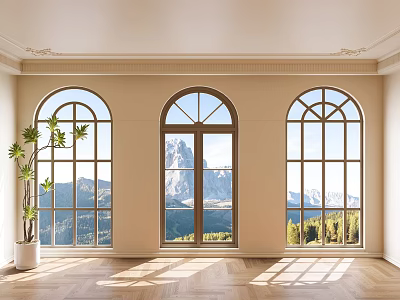 Spacious Room With Three Arched Windows Mountain View Wooden Floor And Potted Plant 3d model