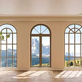 Spacious Room With Three Arched Windows Mountain View Wooden Floor And Potted Plant