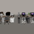 Office Desk and Chair Set with Computer Monitors Office Supplies and Potted Plant