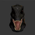 Dinosaur Head Model with Orange Black Stripes Open Mouth Sharp Teeth Red Eyes Reflective Surface