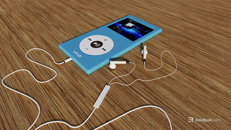 Blue iPod With White Earphones On Wooden Surface And Screen 3d model 