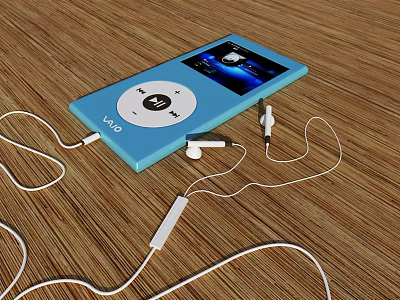 Blue iPod With White Earphones On Wooden Surface And Screen 3d model