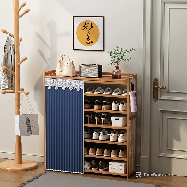 Bamboo Shoe Cabinet Featuring Blue Curtain With Lace Trim And Shoe Storage 3d model 