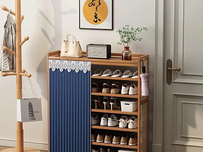 Bamboo Shoe Cabinet Featuring Blue Curtain With Lace Trim And Shoe Storage 3d model