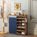 Bamboo Shoe Cabinet Featuring Blue Curtain With Lace Trim And Shoe Storage