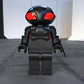 Lego Style Game And Movie Character With Black Armor And Red Eyes In Industrial Studio