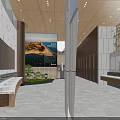Modern Spacious Public Toilet With Warm Wood Finish And Natural Marble Interior Design