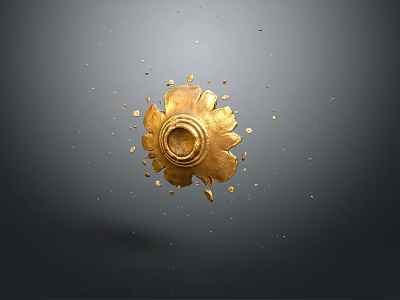 Golden Ornate Weapon Decoration With Petal Shaped Design And Flying Fragments 3d model