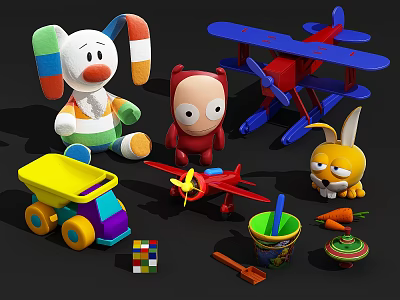 Colorful Plush Stuffed Dolls with Toy Airplanes Trucks Blocks and Kids Play Accessories 3d model
