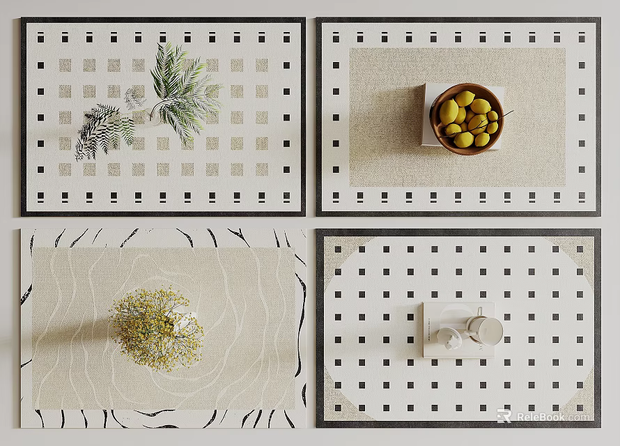 Stylish Square Rugs With Geometric Dotted Wavy Patterns And Decorative Pine Branches Olive Flower 3d model 