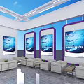 Modern Exhibition Booth Design With White Canopy Purple Accents Digital Screens And Seating