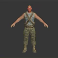 Bald Man in Blue Striped Tank Top with Camouflage Pants Hands by Sides Dark Background