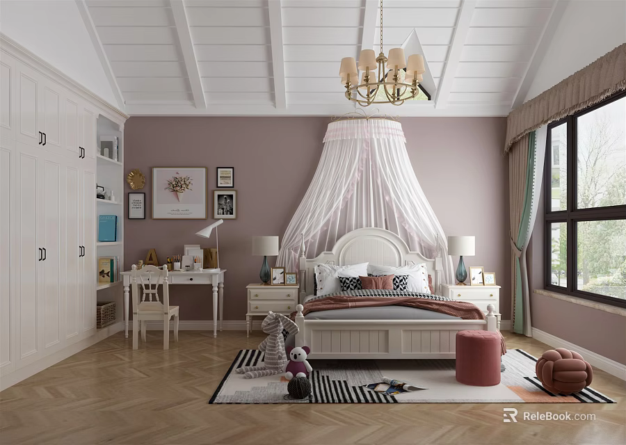 Cozy Kids Room Interior With Soft Purple Walls White Ceiling Chandelier And Canopy Bed 3d model 