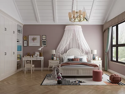 Cozy Kids Room Interior With Soft Purple Walls White Ceiling Chandelier And Canopy Bed 3d model
