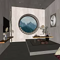 Modern Hotel Guest Room With Circular Window Mountain View And Tea Table Decor