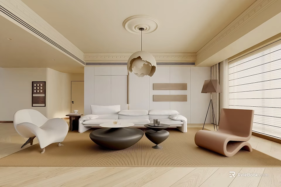 Minimalist Living Room Design With White Sofa Curved Chairs Black Coffee Tables And Unique Chandelier 3d model 