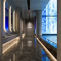 Elegant SPA Sauna Interior With Blue Water Curtain Wall Indoor Pool And Marble Steps
