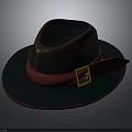 Classic Stylish Dark Hat With Brown Crown Navy Blue Brim Red Band And Gold Buckle