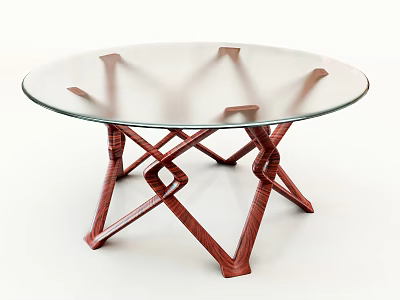 Modern Coffee Table With Round Glass Top And Red Wooden Crossed Legs Design 3d model