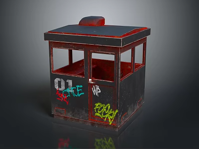 Old Red Black Booth Covered With Colorful Graffiti And Red Roof Against Dark Background 3d model