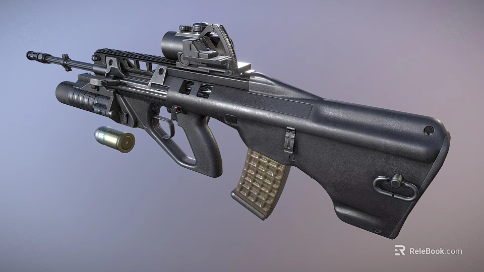 Detailed View of Tactical Black Rifle With Scope Magazine And Bullet Features 3d model 