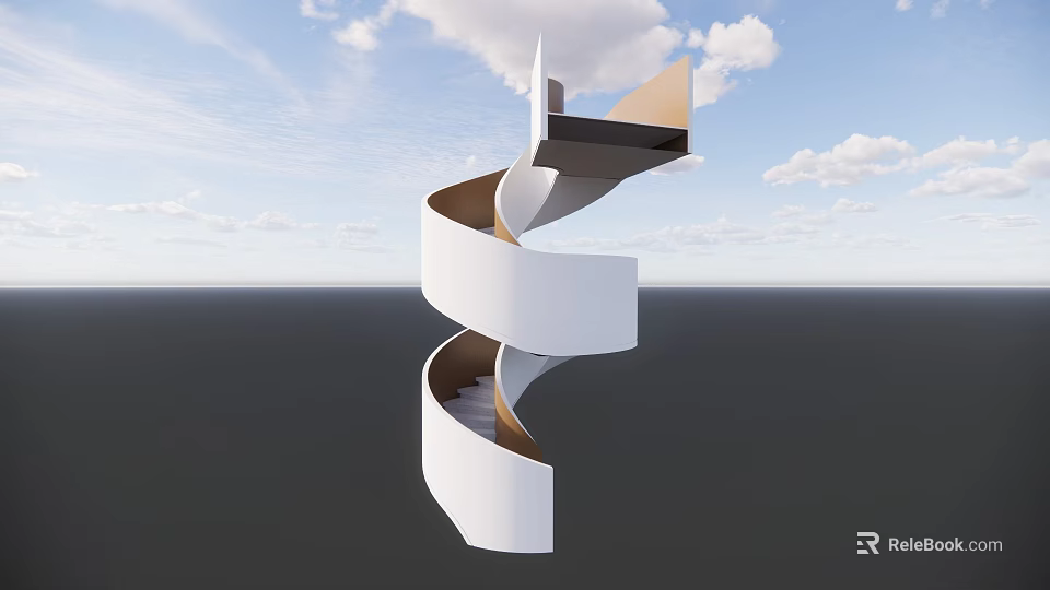 Modern Spiral Staircase With White Structure Wooden Steps And Blue Sky 3d model 