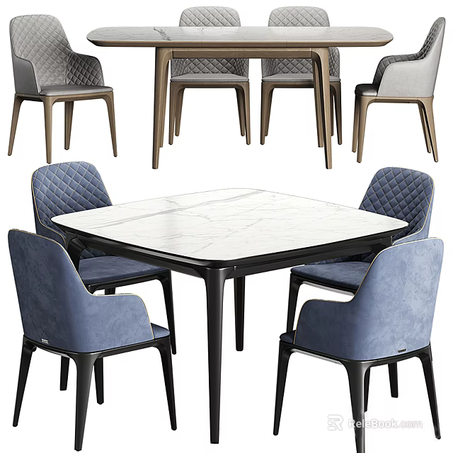 Modern Dining Table Set With Square Marble Top And Upholstered Blue Chairs 3d model