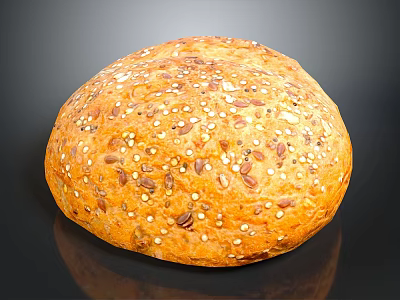 Fresh Round Multigrain Bread Loaf Topped With Sesame Flax And Sunflower Seeds 3d model