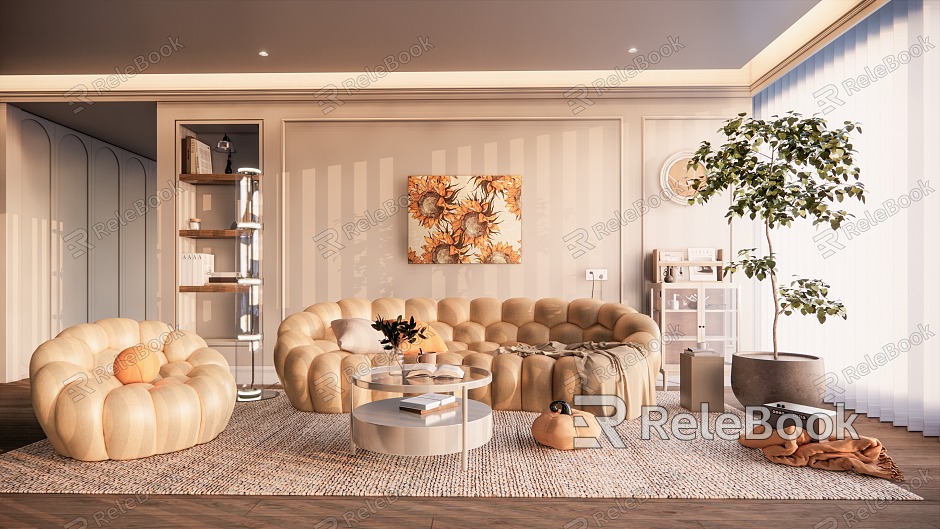 Modern living room cream living room sofa combination potted carpet floor-to-ceiling window bookcase hanging picture model