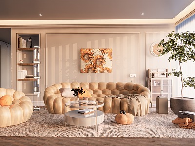 Modern living room cream living room sofa combination potted carpet floor-to-ceiling window bookcase hanging picture model