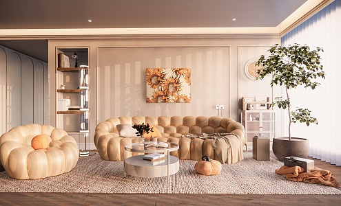 Modern living room cream living room sofa combination potted carpet floor-to-ceiling window bookcase hanging picture 3d model