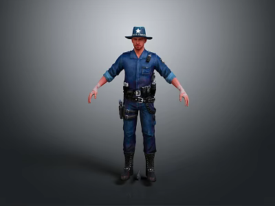 Police Officer In Blue Uniform With Hat And Equipment Belt Standing On Gray Background 3d model