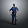 Police Officer In Blue Uniform With Hat And Equipment Belt Standing On Gray Background
