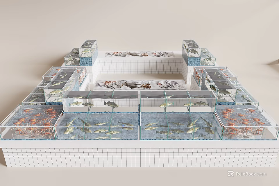 Large Aquarium Display With Multiple Glass Fish Tanks Filled With Aquatic Life And Tiled Base 3d model 