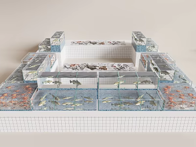 Large Aquarium Display With Multiple Glass Fish Tanks Filled With Aquatic Life And Tiled Base 3d model